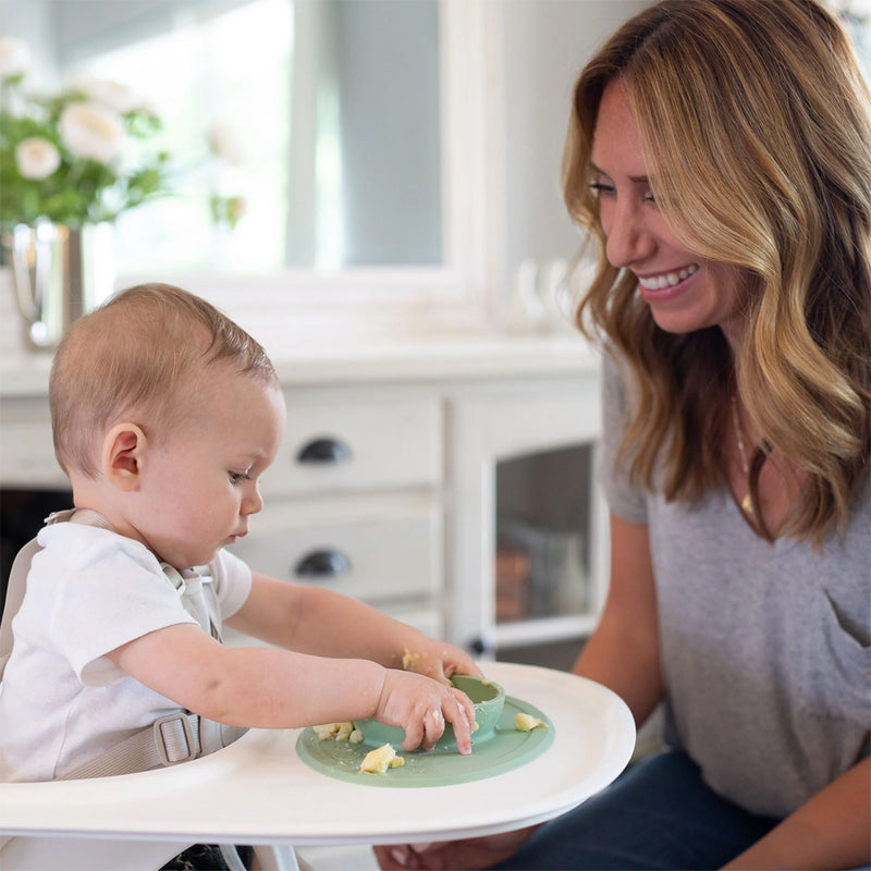 ezpz baby plates and bowls in Sage provide a non-slip surface for self-feeding toddlers.