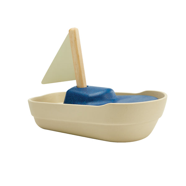 PlanToys Sailboat Children's Rubber/Wood Eco-Friendly Bath Toy  blur and off-white