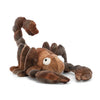 Jellycat Simon Scorpion Children's Stuffed Animal Toy - multiple shades of brown and silly oppsite facing eyes and fluffy little pincers, facing the camera