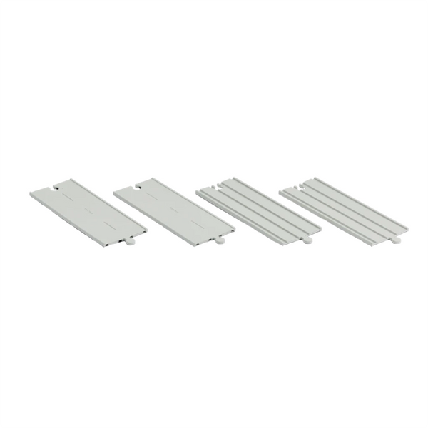 PlanToys Rubber Road & Rail Expansion Tracks Set A. Four straight rubber tracks in light grey.