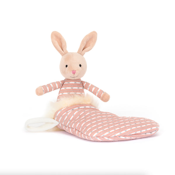 Jellycat shimmer stocking bunny in pink stocking with white fur on top, matching pjs -