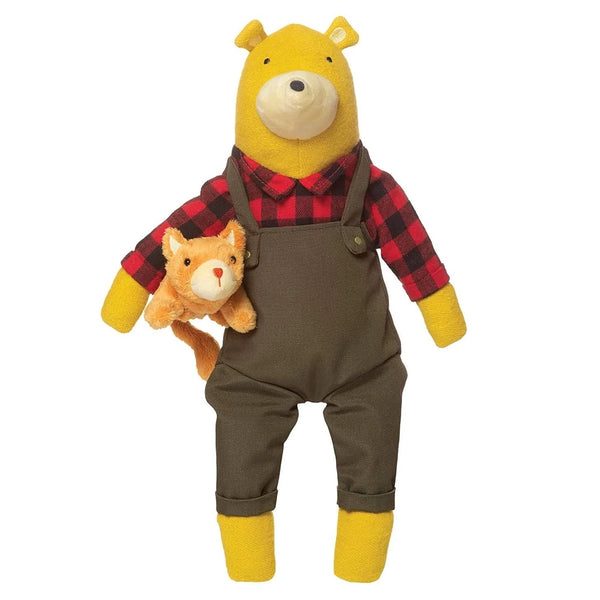 The Manhattan Toy Company Lemon the Bear + Kitty Stuffed Bear Toy. Yellow bear with red flannel shirt and dark olive green overalls. Attachable orange kitty connects via elastic loop on bears arm. 