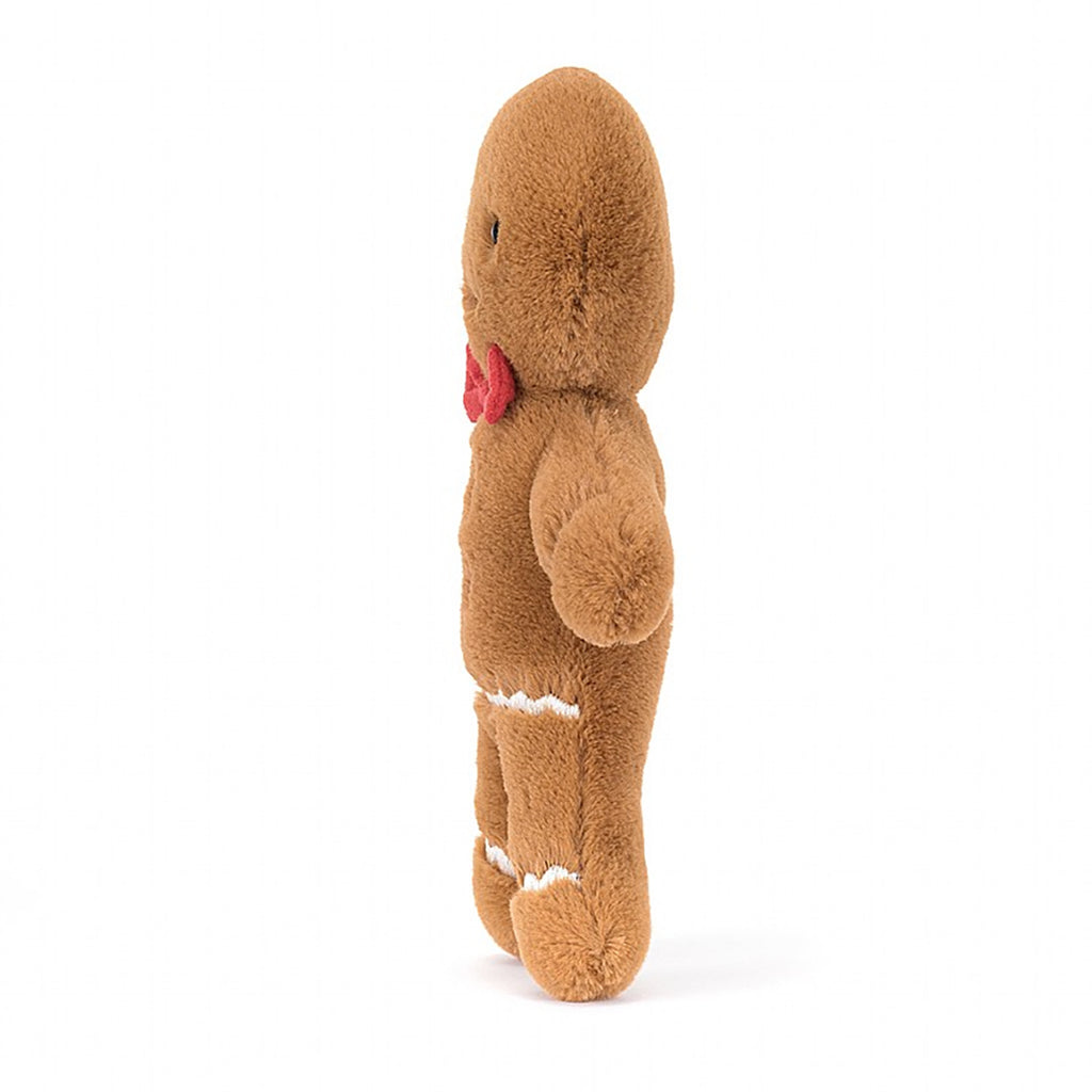Jellycat Jolly Gingerbread Fred stuffed animal. Small gingerbread cookie shaped stuffie - side view