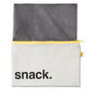 life_style2, Fluf Black Zippered Reusable Snack Sack Food Container white canvas, yellow zipper and tag, black font and interior