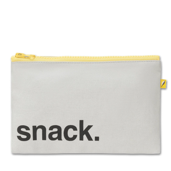 Fluf Black Zippered Reusable Snack Sack Food Container white canvas, yellow zipper and tag, black font