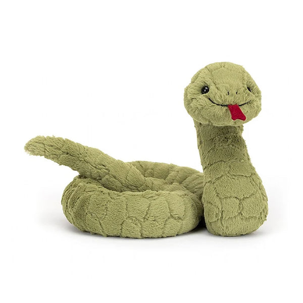 Jellycat Stevie Snake Children's Stuffed Animal Toy - happy smile, fluffy scale textured fur, red tongue sticking out, facing the camera