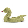 Jellycat Stevie Snake Children's Stuffed Animal Toy - happy smile, fluffy scale textured fur, red tongue sticking out, facing the left 