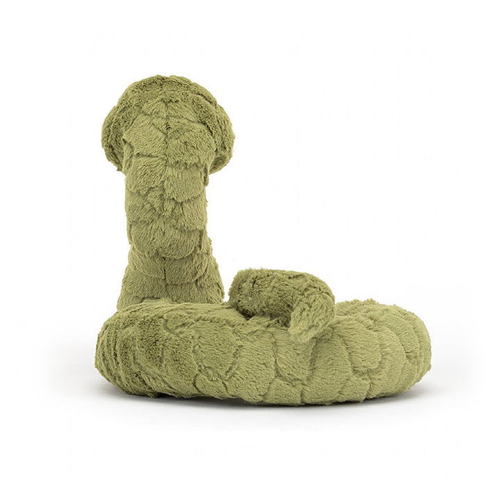 Jellycat Stevie Snake Children's Stuffed Animal Toy - happy smile, fluffy scale textured fur, facing away from the camera