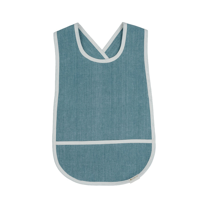 Back View of Fabelab Chambray Olive Cross Back Bib, Dark Green Cotton Baby Bib with White Details