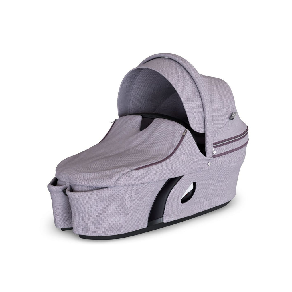 stokke xplory v6 secure flat protective carry cot hard shell height adjustable breathable exceptional ventilation extended canopy brushed light lilac