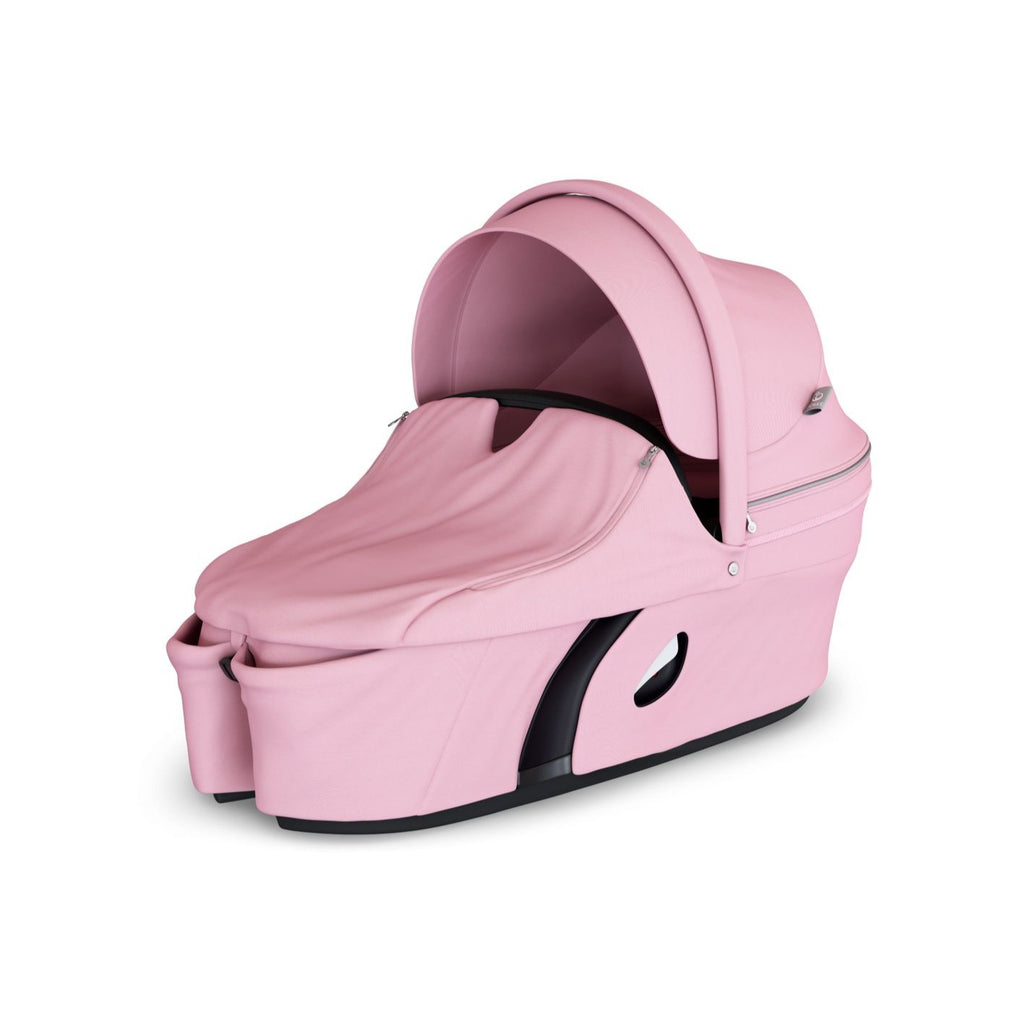 stokke xplory v6 secure flat protective carry cot hard shell height adjustable breathable exceptional ventilation extended canopy light lotus pink