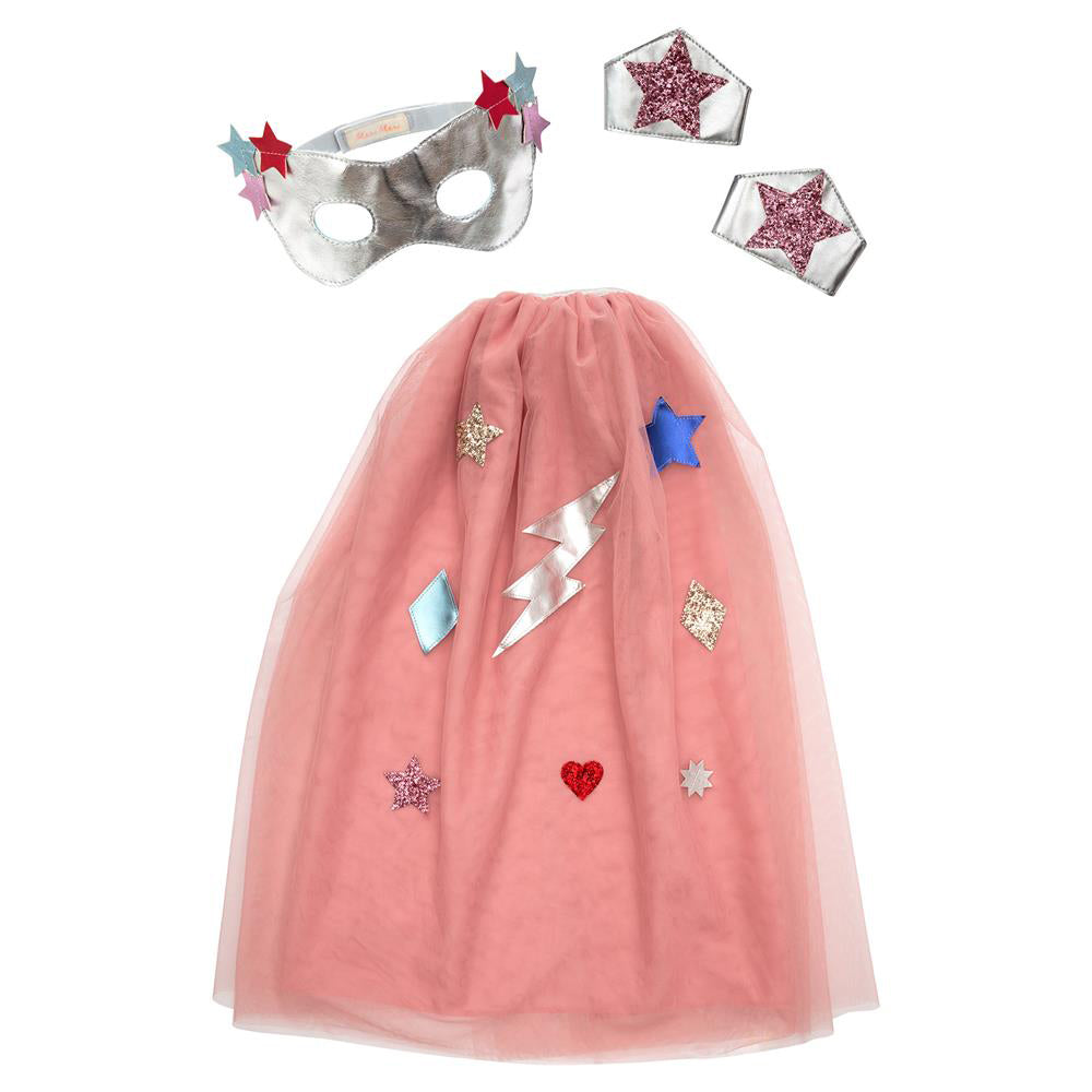 Meri Meri Superhero Kids Dress Up Kit with pink tulle cape, silver mask and glitter star cuffs, girls superhero costume set