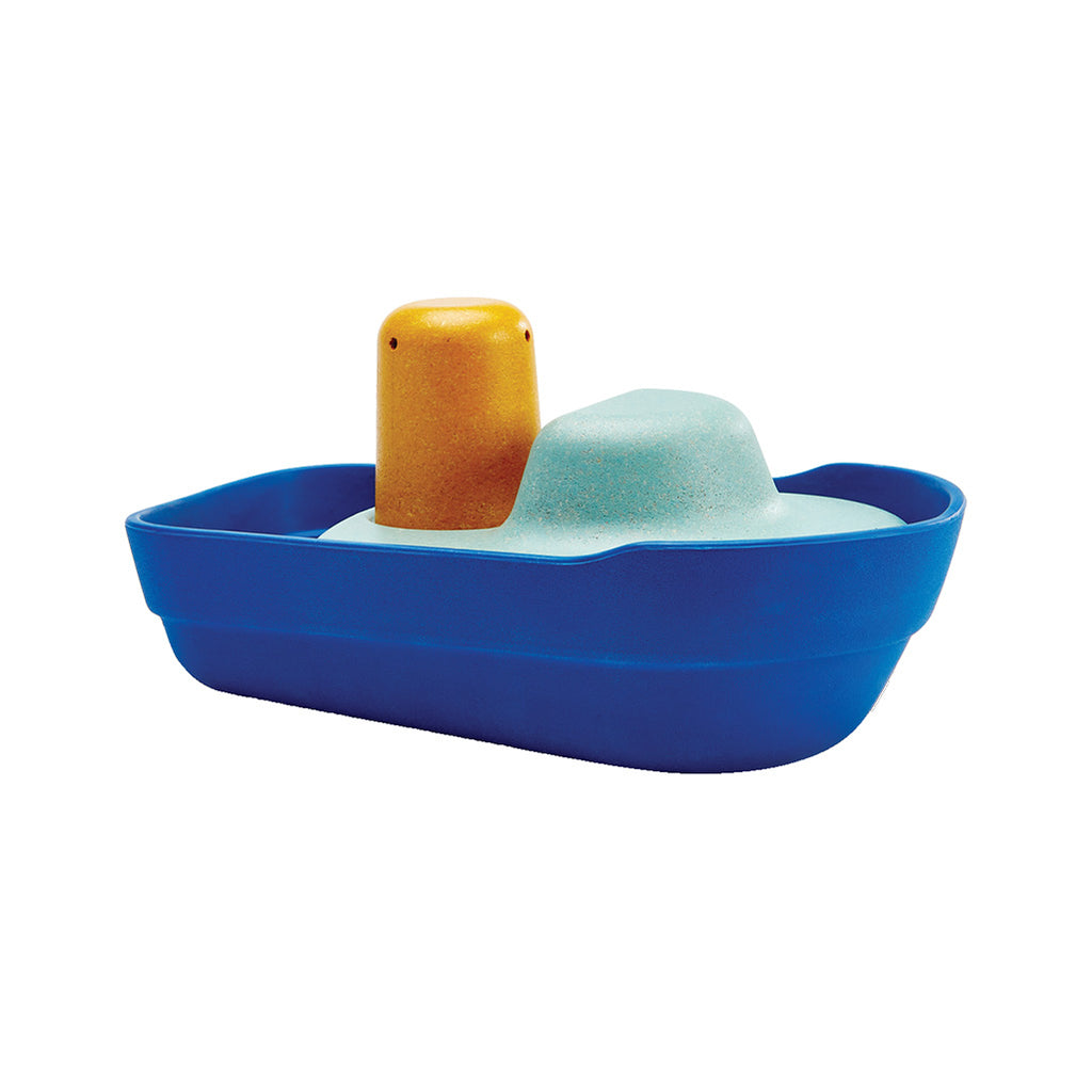 PlanToys Tugboat Children's Rubber/Wood Eco-Friendly Bath Toy  blue and yellow
