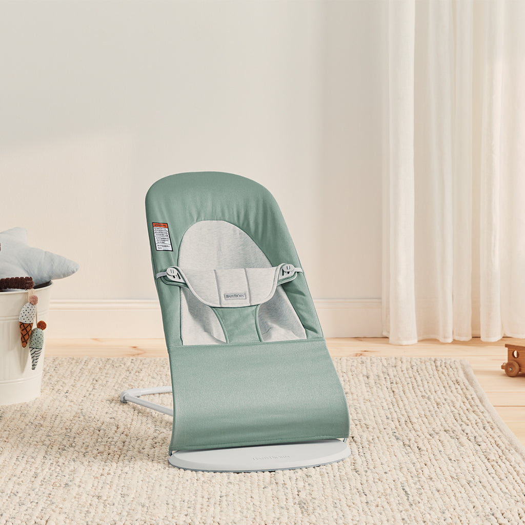 infant bouncer seat by baby bjorn in light sage grey cotton