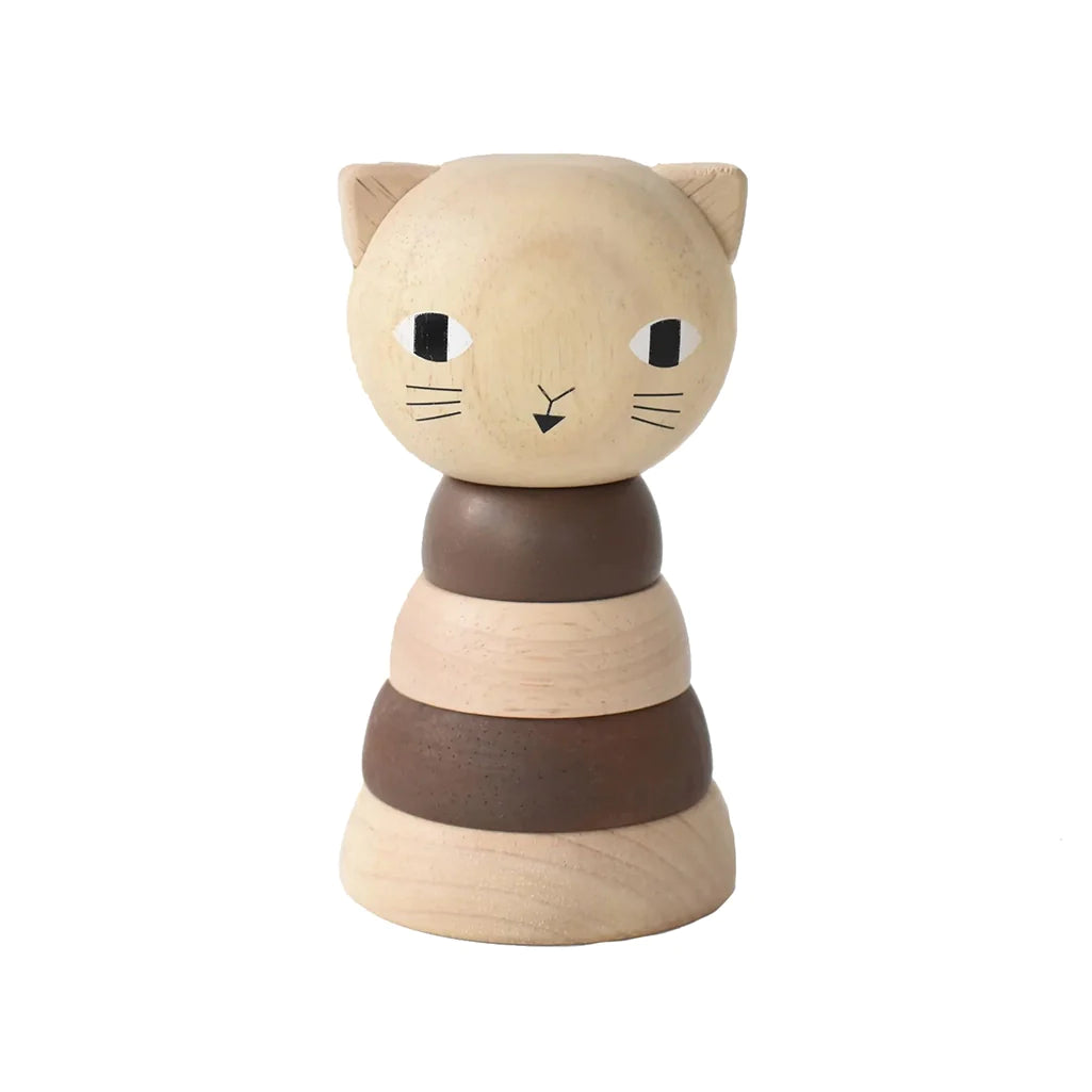 Wee Gallery Cat Wooden Stacker Children's Stacking Game. Six piece brown and natural stacking tower. Top piece cat shaped head.