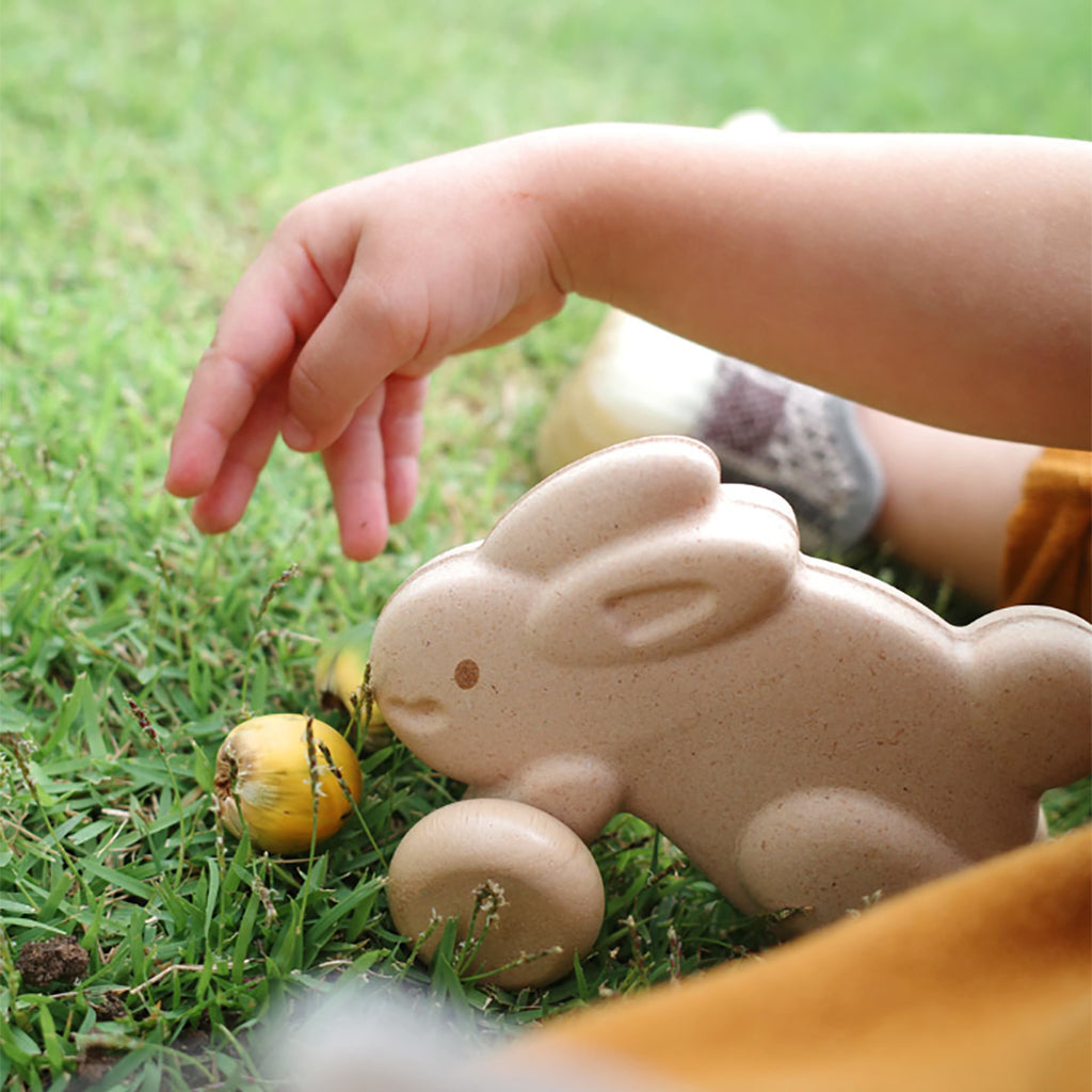 Plan Toys White Push Along Bunny Children's Active Push & Pull Toy - a small hand reaches over the bunny white bunny sitting in the grass. The bunny is "sniffing" a small nut from a tree