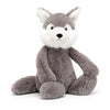 Jellycat Medium Bashful Wolf Children's Stuffed Forrest Animal Toy - light grey fur, a chunky tail, fluffy white cheeks, and pointy ears, facing the camera