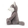 Jellycat Medium Bashful Wolf Children's Stuffed Forrest Animal Toy - light grey fur, a chunky tail, fluffy white cheeks, and pointy ears, facing the left