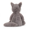 Jellycat Medium Bashful Wolf Children's Stuffed Forrest Animal Toy - light grey fur, a chunky tail, fluffy white cheeks, and pointy ears, facing away from the camera