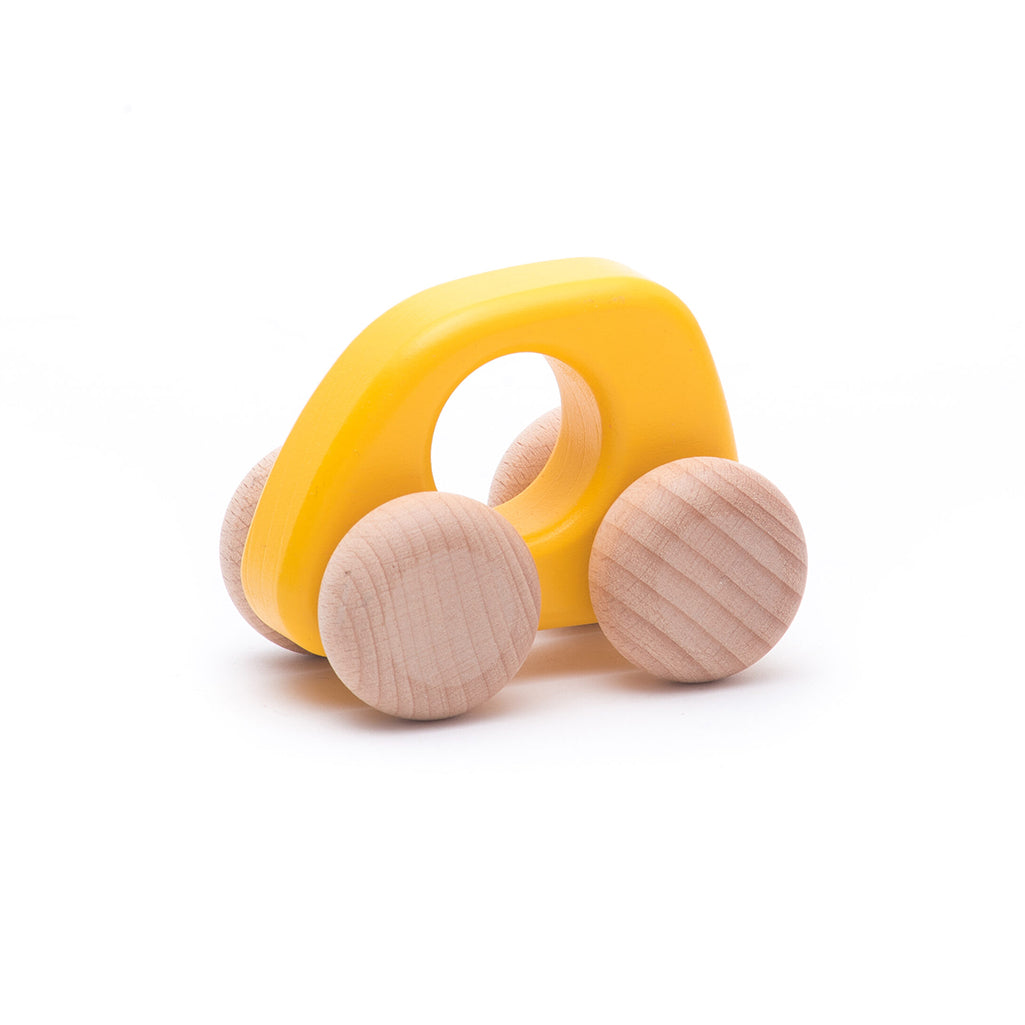 Yellow wooden mini car by BAJO, designed for kids' creative adventures.